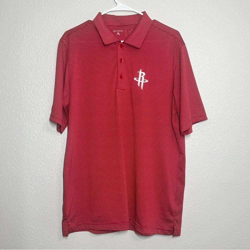 Houston Rockets Polo Shirt Mens Size Large Red Striped Antigua Performance Golf